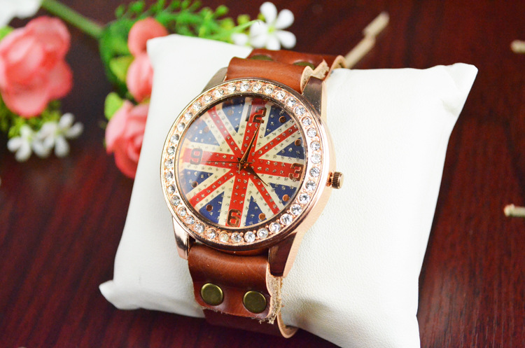 Fashion table Leisure Genuine Leather Drill table Retro Watch  England Rice word Flag Watch