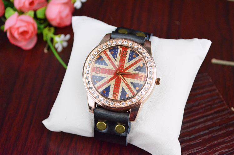 Fashion table Leisure Genuine Leather Drill table Retro Watch  England Rice word Flag Watch