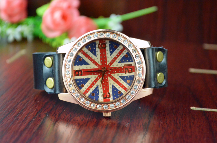 Fashion table Leisure Genuine Leather Drill table Retro Watch  England Rice word Flag Watch
