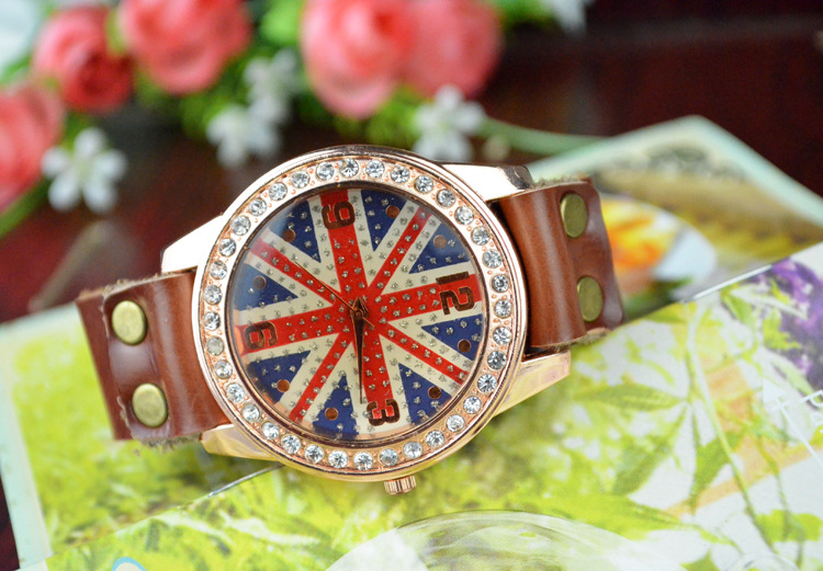 Fashion table Leisure Genuine Leather Drill table Retro Watch  England Rice word Flag Watch