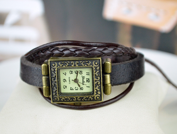 Western style personality popular Retro Watch Pull rope Weave Square head Leather rope Watch