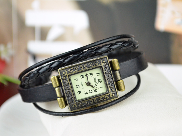 Western style personality popular Retro Watch Pull rope Weave Square head Leather rope Watch