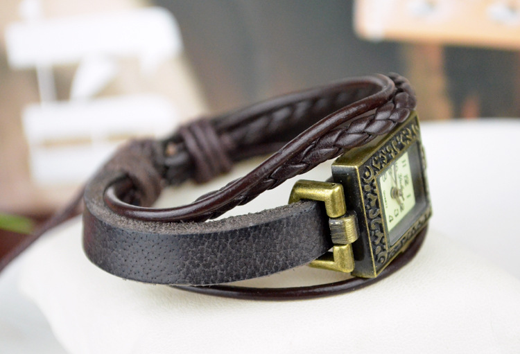 Western style personality popular Retro Watch Pull rope Weave Square head Leather rope Watch