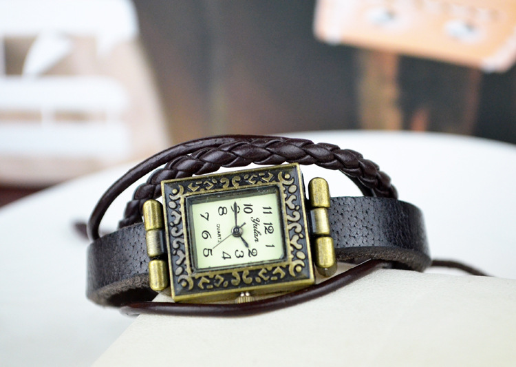 Western style personality popular Retro Watch Pull rope Weave Square head Leather rope Watch