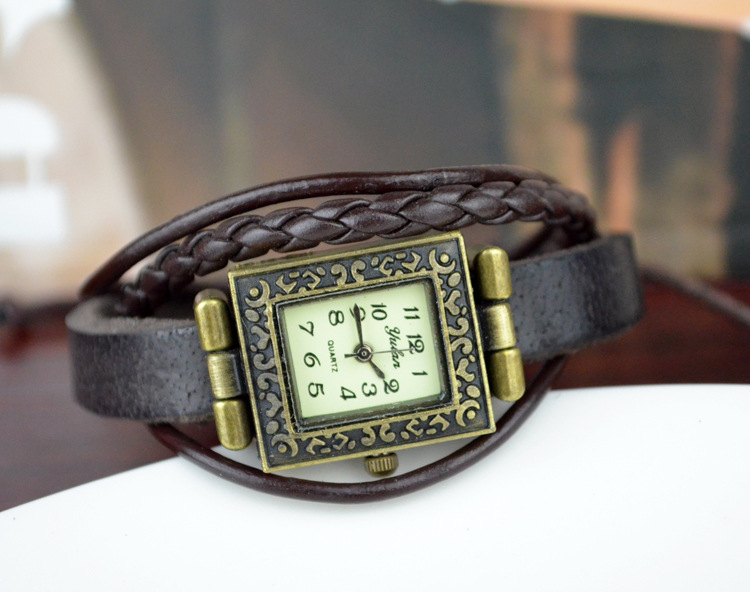 Western style personality popular Retro Watch Pull rope Weave Square head Leather rope Watch
