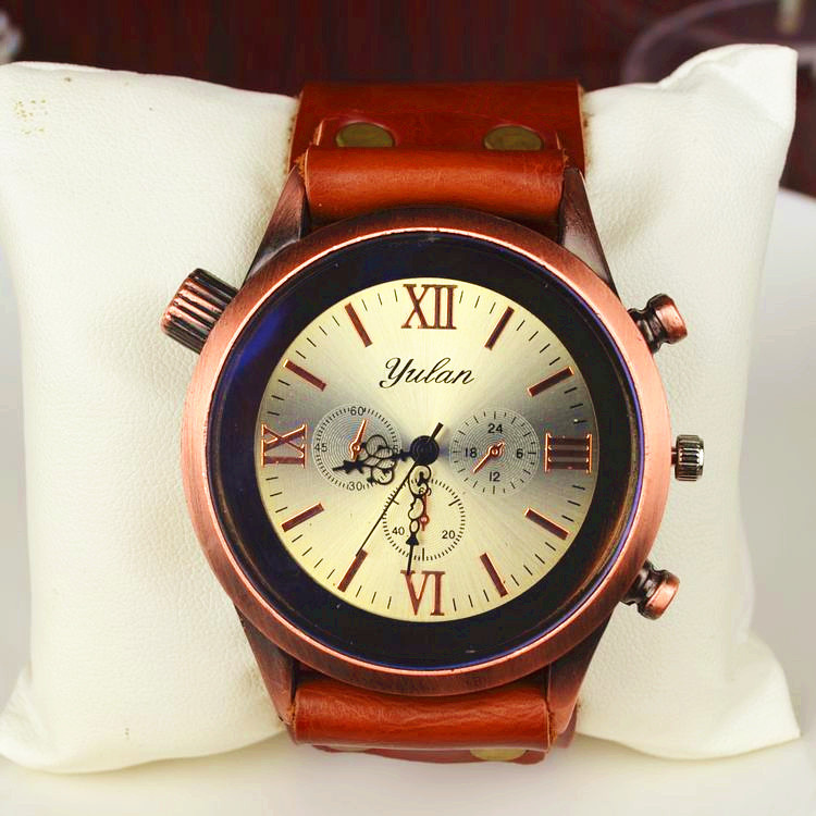Trend Fashion Big dial Red bronze men and women Genuine Leather personality Retro Watch