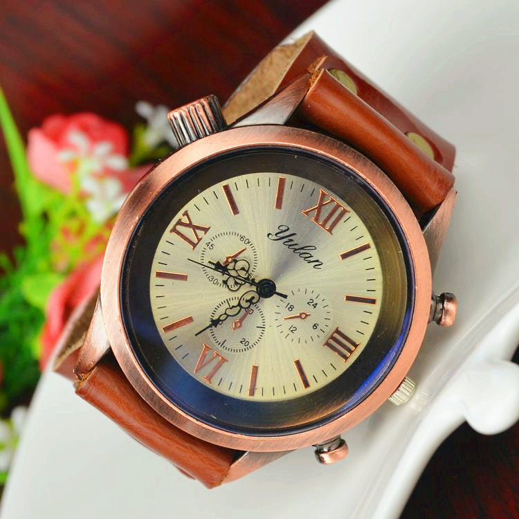 Trend Fashion Big dial Red bronze men and women Genuine Leather personality Retro Watch