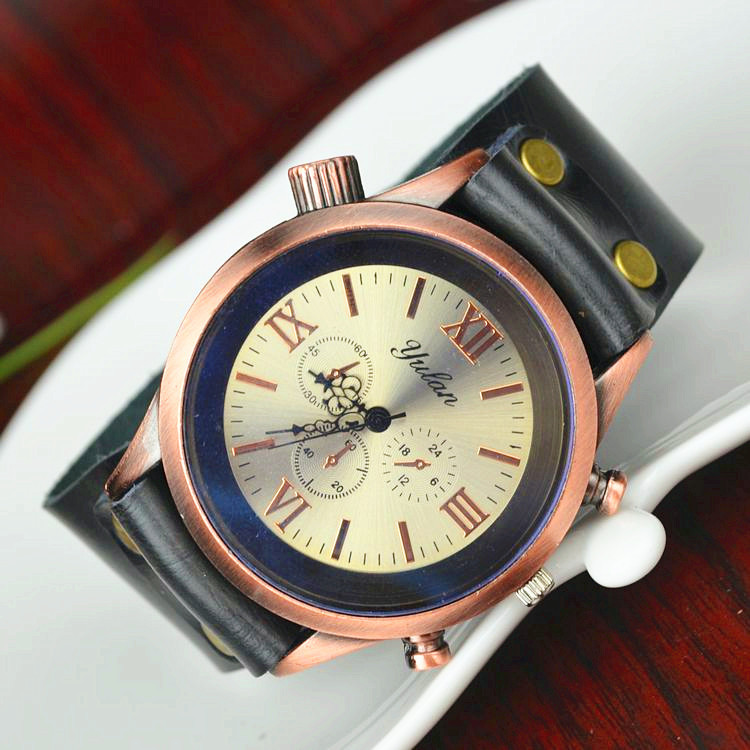 Trend Fashion Big dial Red bronze men and women Genuine Leather personality Retro Watch