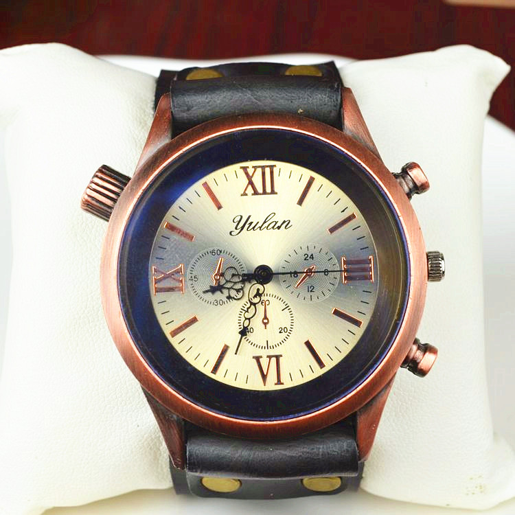 Trend Fashion Big dial Red bronze men and women Genuine Leather personality Retro Watch