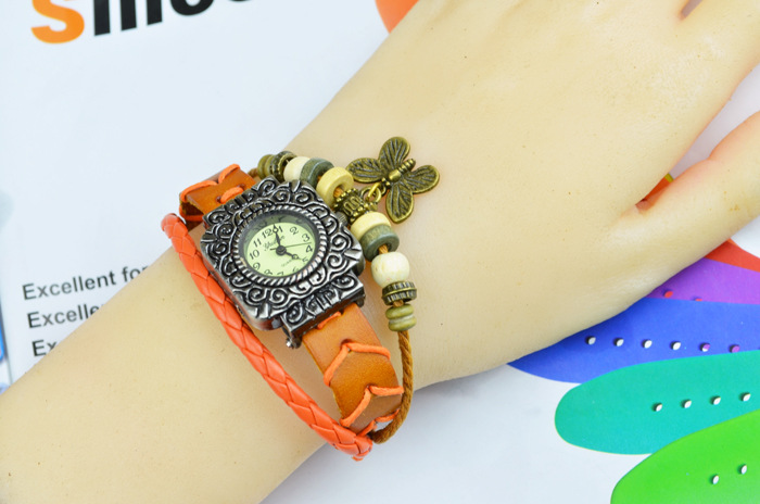 Fashion trend Retro Watch  Genuine Leather Artificial Weave Bracelet