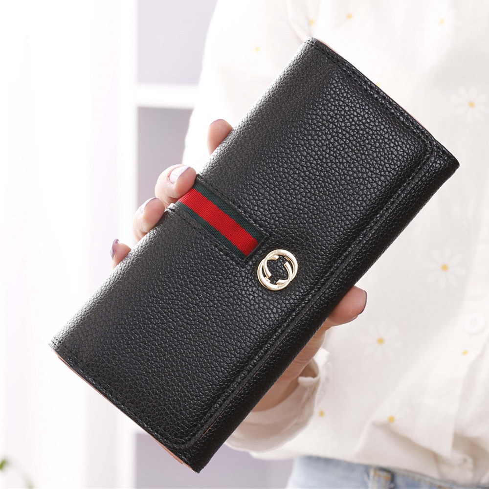 Female Long Section Wallet Simple Litchi Pattern Three Fold Pumping Belt Ms Wallet Wallet