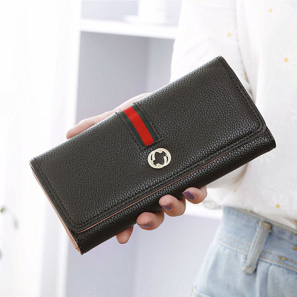 Female Long Section Wallet Simple Litchi Pattern Three Fold Pumping Belt Ms Wallet Wallet