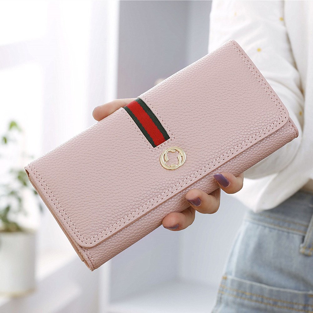 Female Long Section Wallet Simple Litchi Pattern Three Fold Pumping Belt Ms Wallet Wallet