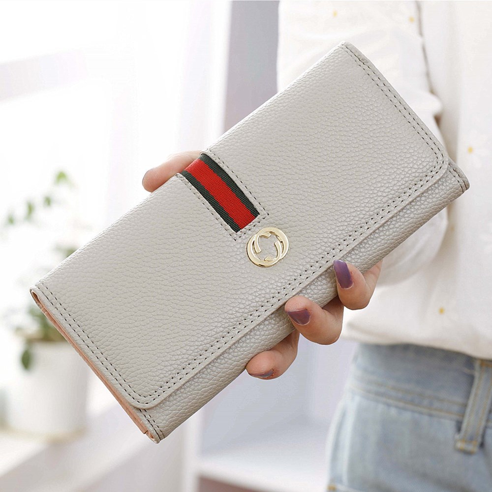 Female Long Section Wallet Simple Litchi Pattern Three Fold Pumping Belt Ms Wallet Wallet