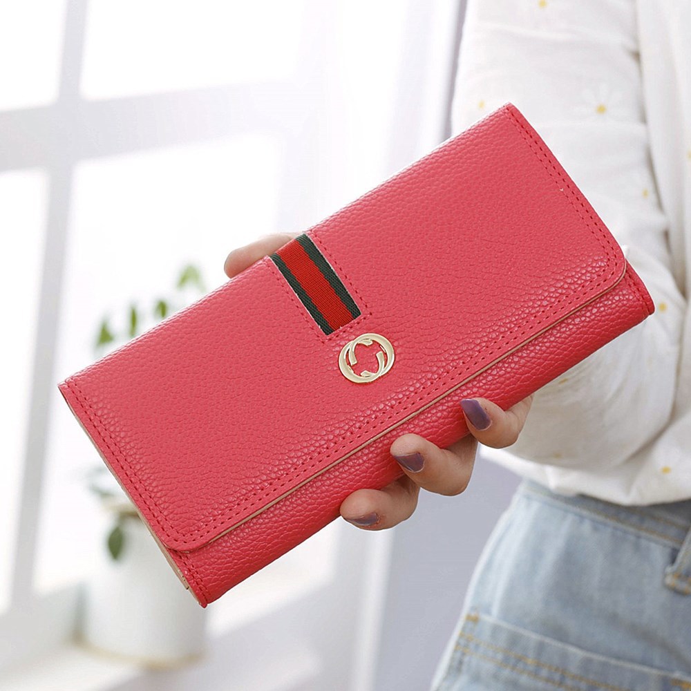 Female Long Section Wallet Simple Litchi Pattern Three Fold Pumping Belt Ms Wallet Wallet