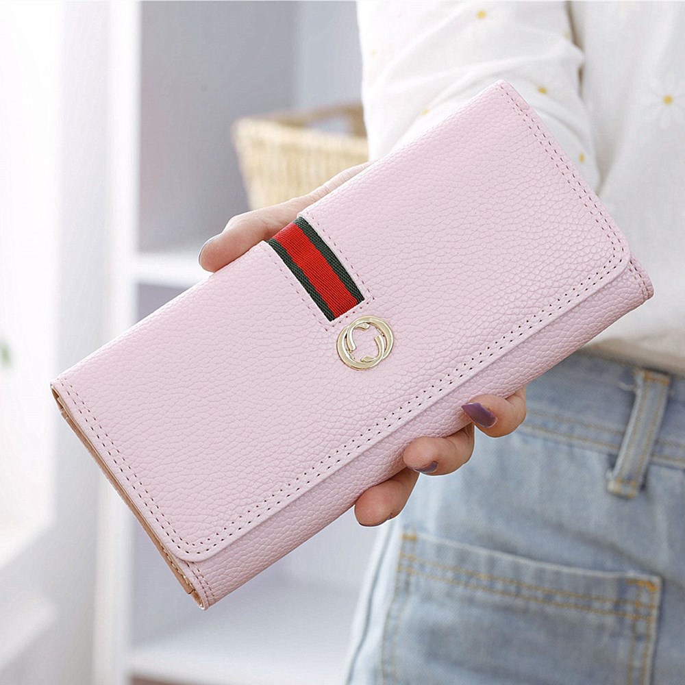 Female Long Section Wallet Simple Litchi Pattern Three Fold Pumping Belt Ms Wallet Wallet