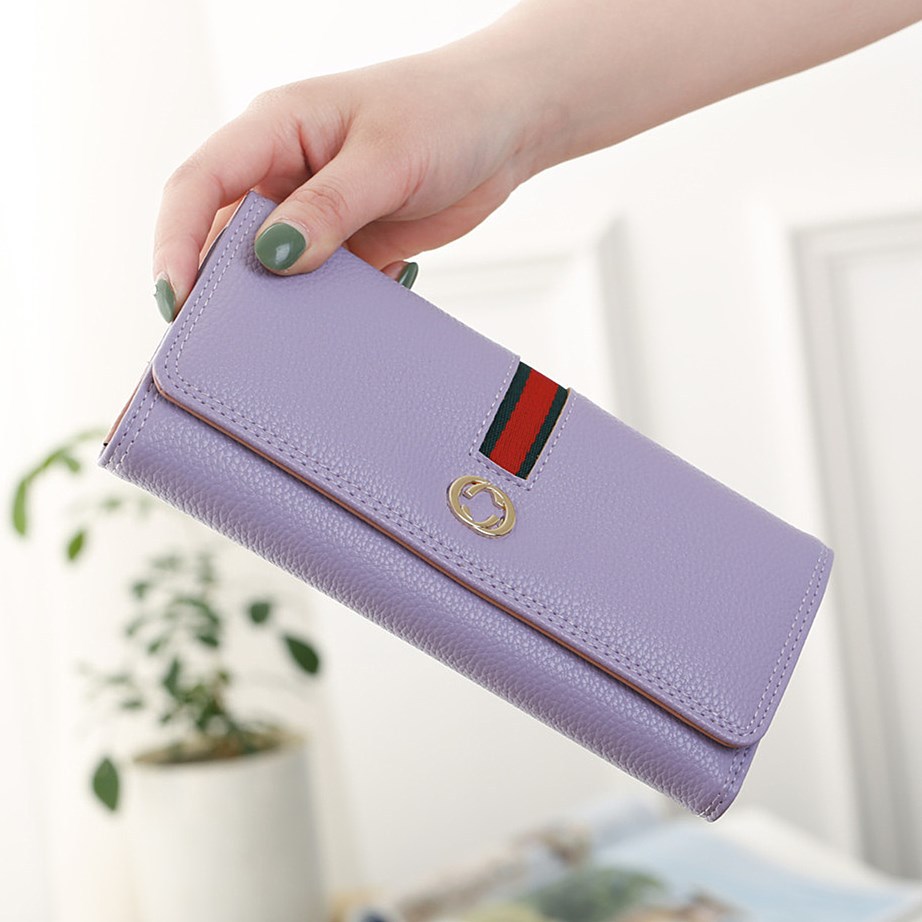 Female Long Section Wallet Simple Litchi Pattern Three Fold Pumping Belt Ms Wallet Wallet