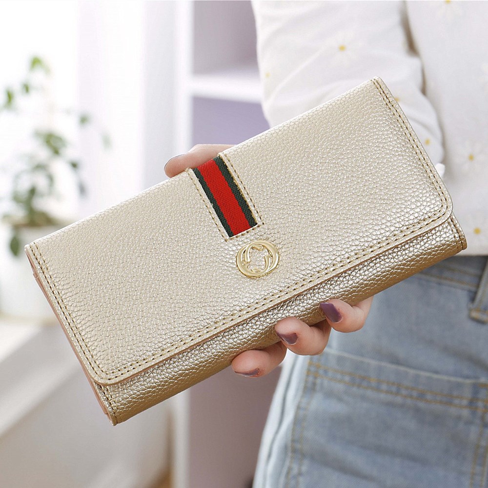Female Long Section Wallet Simple Litchi Pattern Three Fold Pumping Belt Ms Wallet Wallet