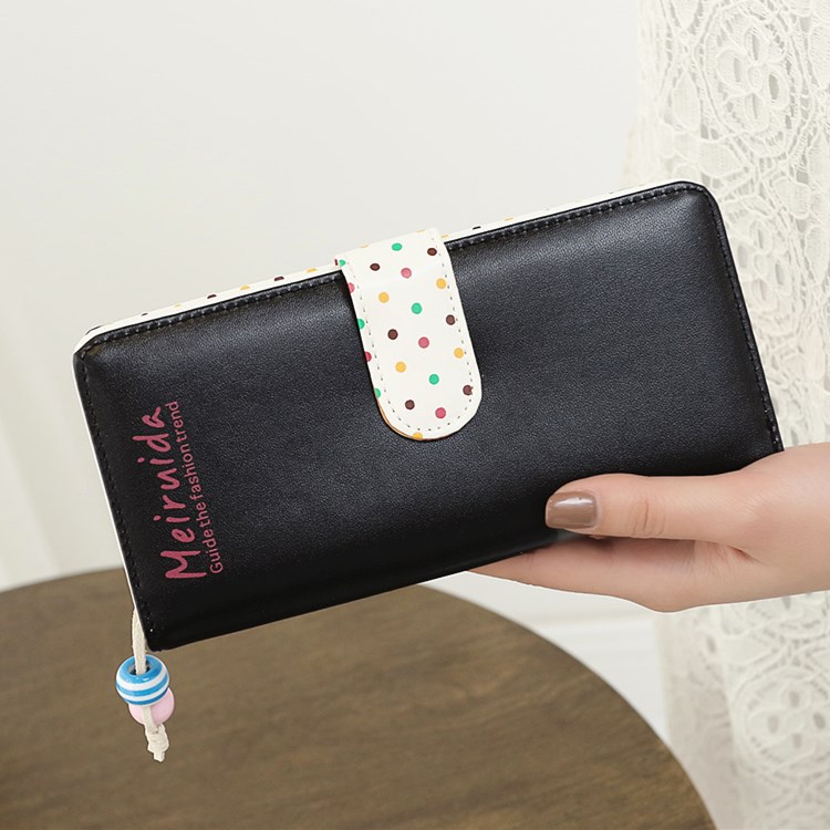 Small Beads Ornaments Lovely Wave Point Inner Layer Two Ffold Buckle Zipper Long Section Wallet