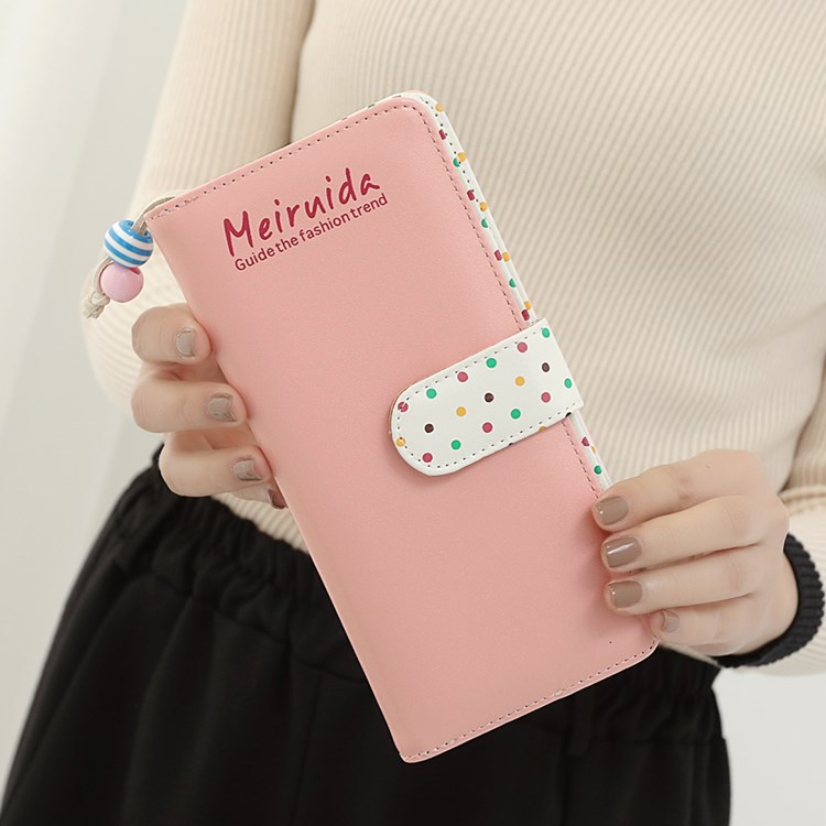 Small Beads Ornaments Lovely Wave Point Inner Layer Two Ffold Buckle Zipper Long Section Wallet