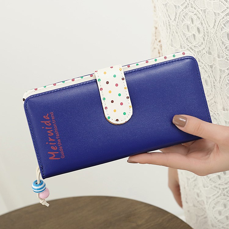 Small Beads Ornaments Lovely Wave Point Inner Layer Two Ffold Buckle Zipper Long Section Wallet