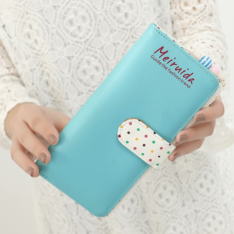 Small Beads Ornaments Lovely Wave Point Inner Layer Two Ffold Buckle Zipper Long Section Wallet