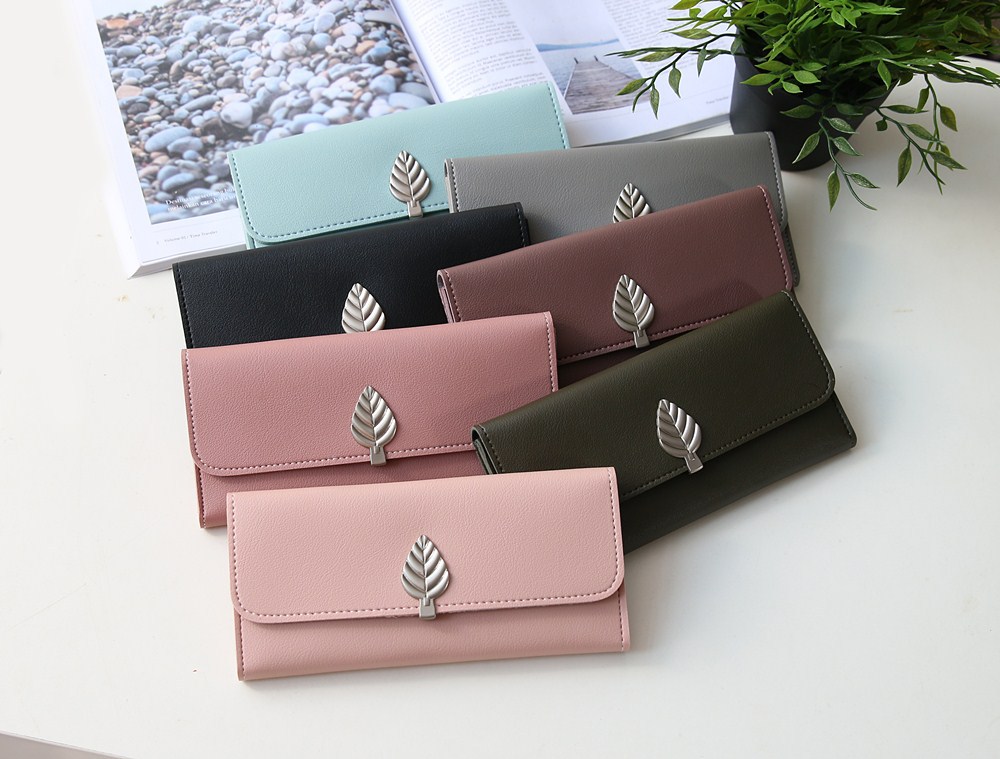 The New Wallet Long Section Simple Leaves Buckle Three Fold Female Wallet High Capacity Hand Bag