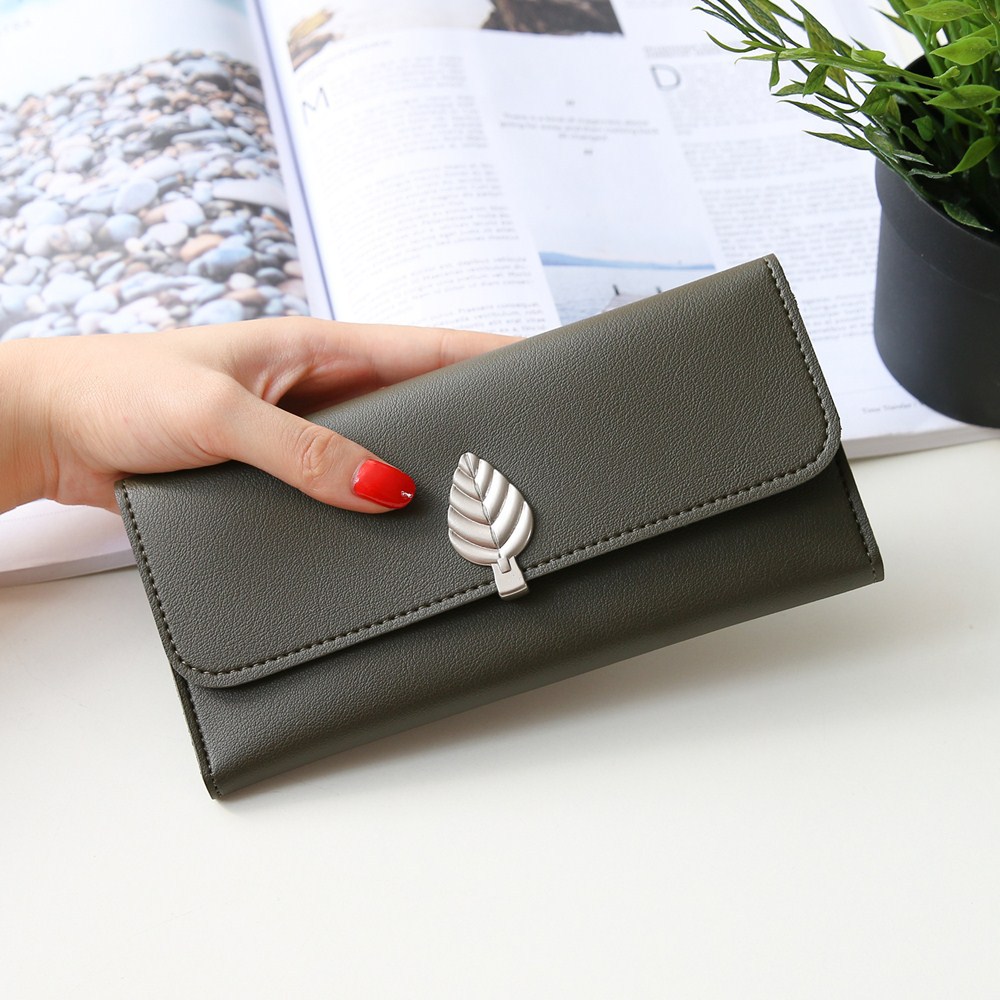 The New Wallet Long Section Simple Leaves Buckle Three Fold Female Wallet High Capacity Hand Bag