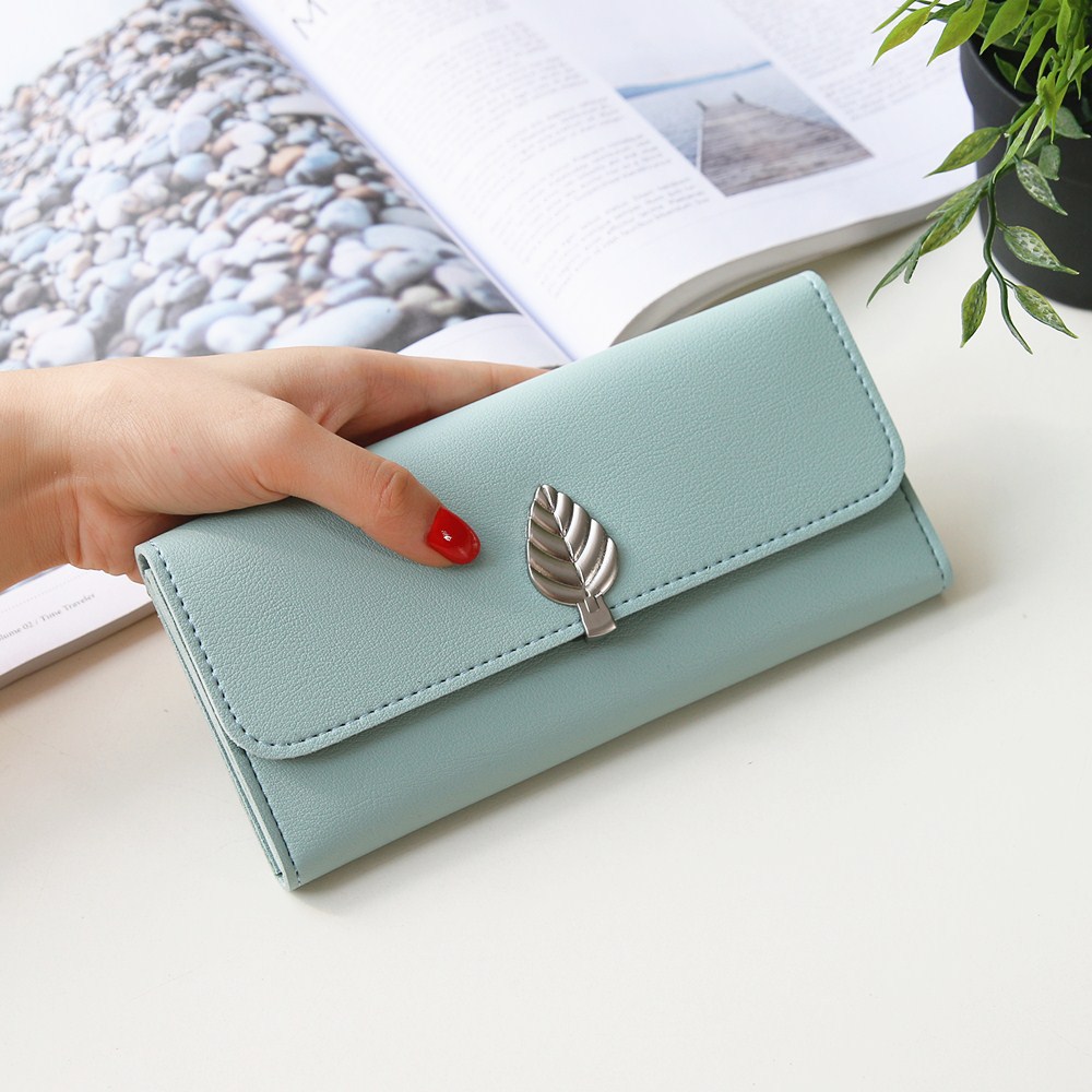 The New Wallet Long Section Simple Leaves Buckle Three Fold Female Wallet High Capacity Hand Bag