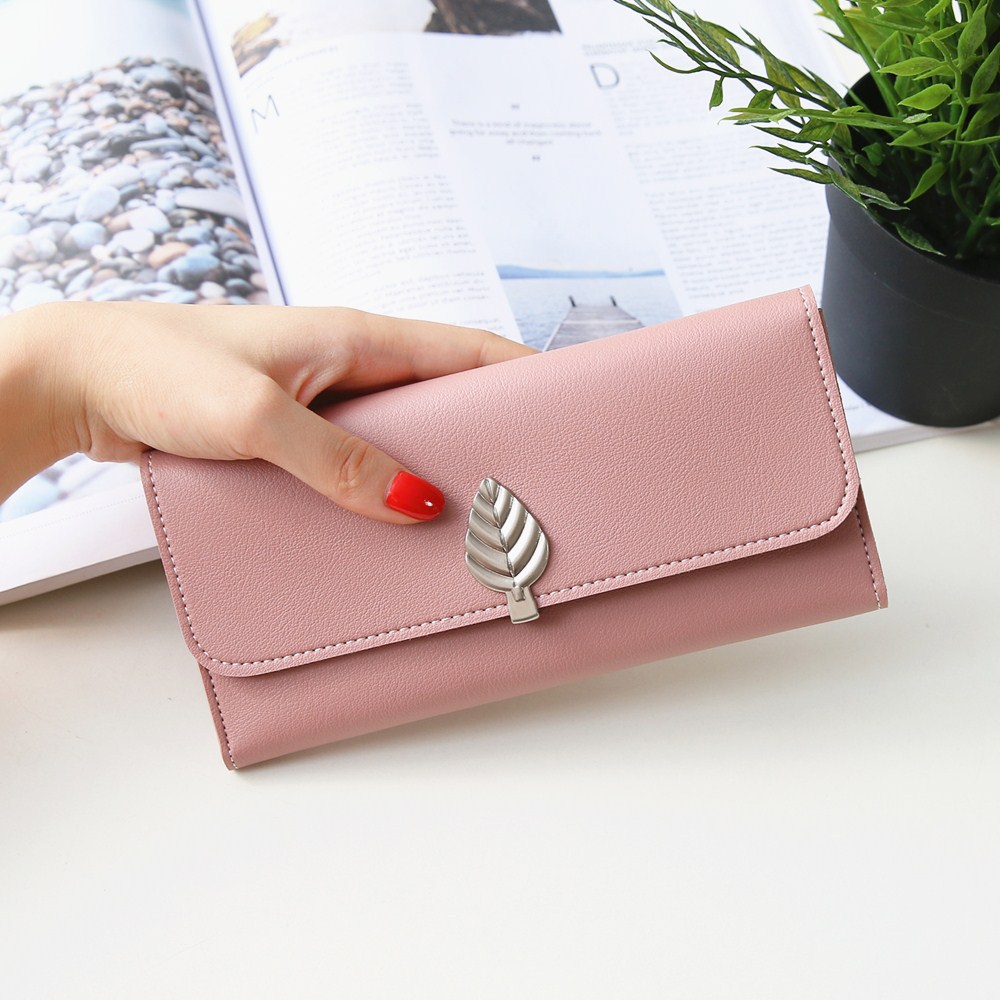 The New Wallet Long Section Simple Leaves Buckle Three Fold Female Wallet High Capacity Hand Bag