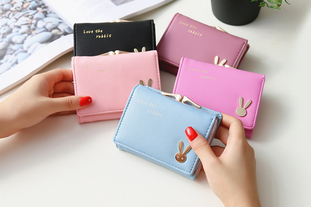 Ms Short section  Simple Bunny Buckle Three fold Female student Coin Purse Wallet wallet