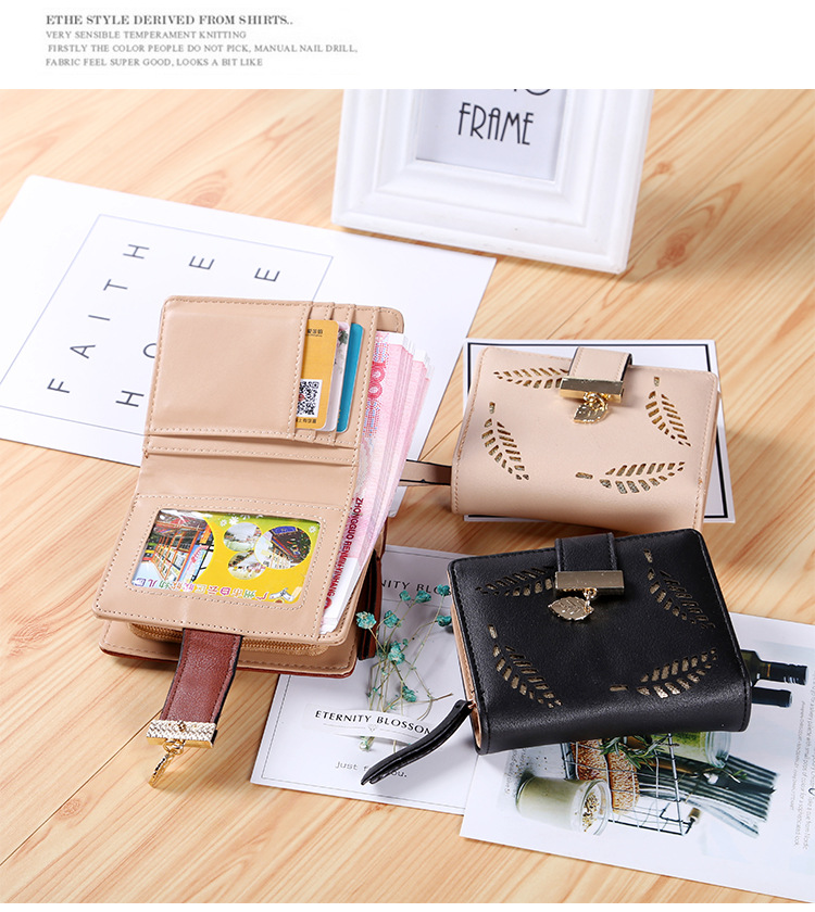 Short Section Wallet Ms Zipper Buckle Hollow Leaves Small Wallet Wallet Card Pack