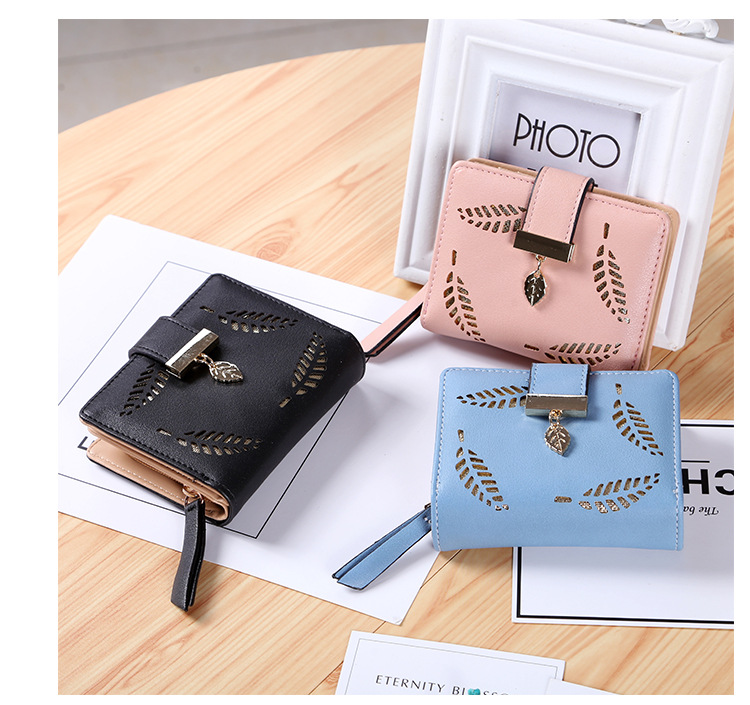 Short Section Wallet Ms Zipper Buckle Hollow Leaves Small Wallet Wallet Card Pack