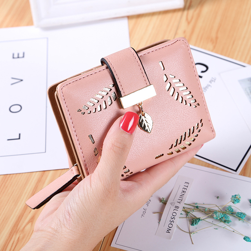 Short Section Wallet Ms Zipper Buckle Hollow Leaves Small Wallet Wallet Card Pack