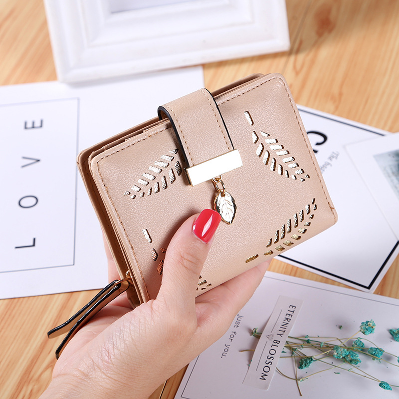 Short Section Wallet Ms Zipper Buckle Hollow Leaves Small Wallet Wallet Card Pack