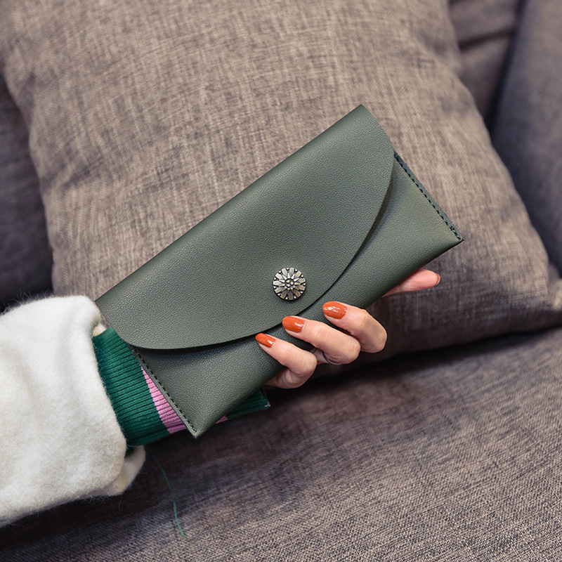 Simple Thin Section Solid Color Soft Cover Buckle Ms Long Section Wallet Retro Flowers Twists Wallet