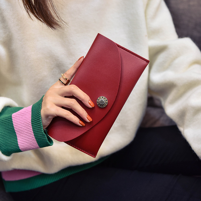 Simple Thin Section Solid Color Soft Cover Buckle Ms Long Section Wallet Retro Flowers Twists Wallet