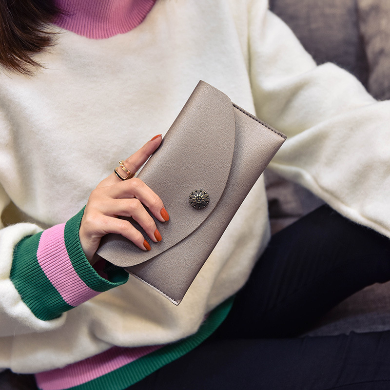 Simple Thin Section Solid Color Soft Cover Buckle Ms Long Section Wallet Retro Flowers Twists Wallet