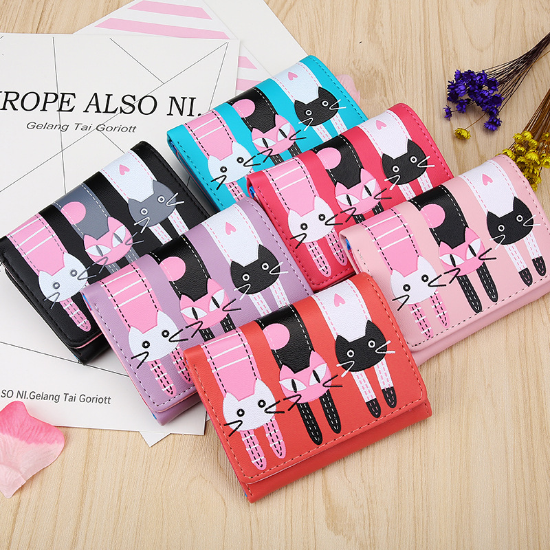 Short Section Student Wallet 3 Fold Cartoon Cat Lovely Ms Wallet Card Pack Coin Purse