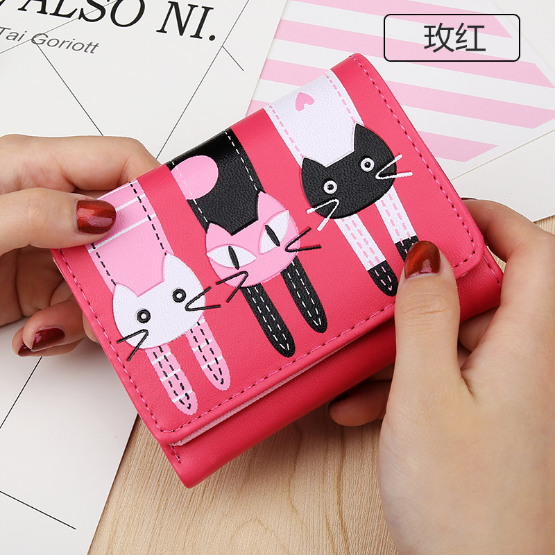 Short Section Student Wallet 3 Fold Cartoon Cat Lovely Ms Wallet Card Pack Coin Purse
