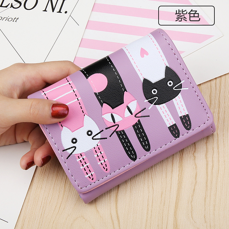 Short Section Student Wallet 3 Fold Cartoon Cat Lovely Ms Wallet Card Pack Coin Purse