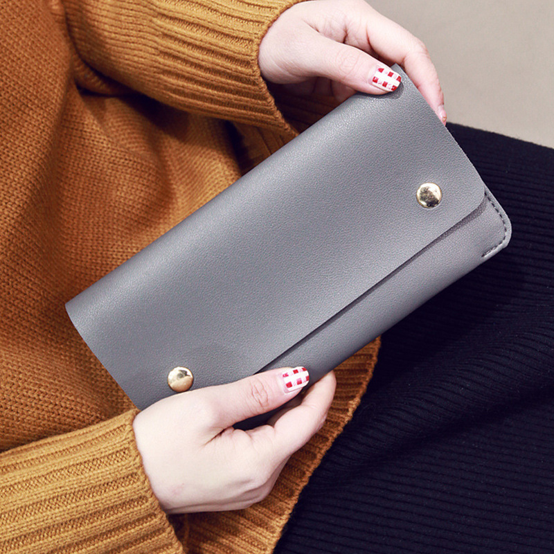Ms Thin Section Wallet PU Leather Solid Color Magnetic Buckle Ms Long Section Wallet Card Pack