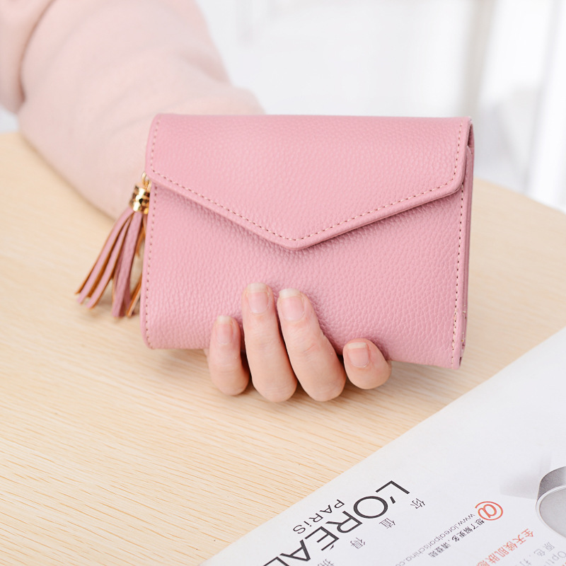 Short Section Wallet Female Lovely Student Buckle Small Fresh Tassel Wallet Coin Purse Small Wallet