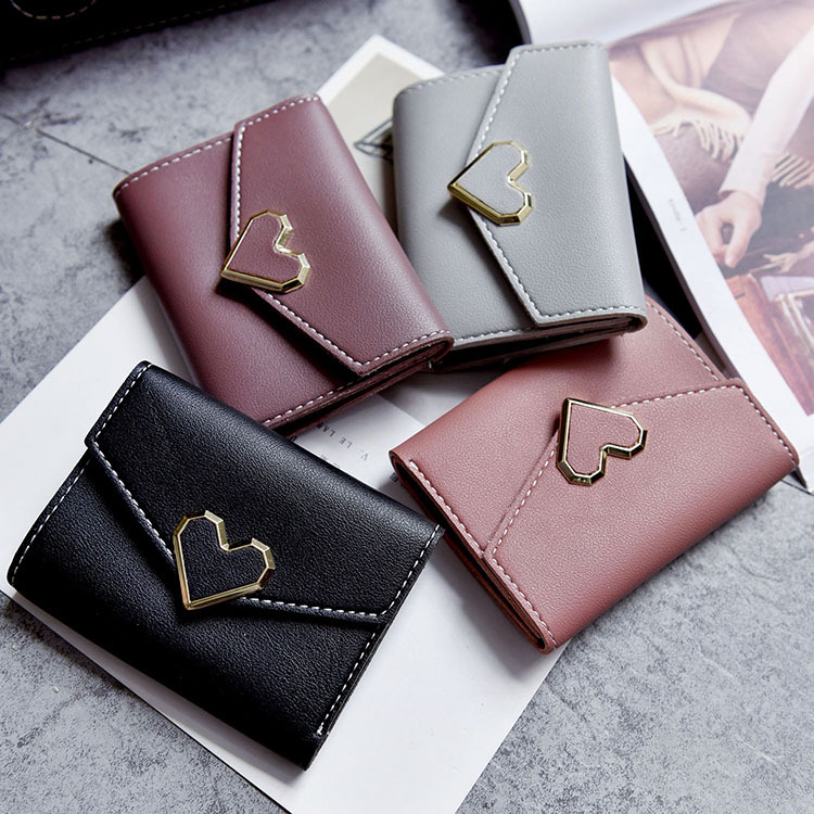 Heart Wallet Female Short Section Student Small Fresh Multifunction Wallet Trend Buckle Hand Bag