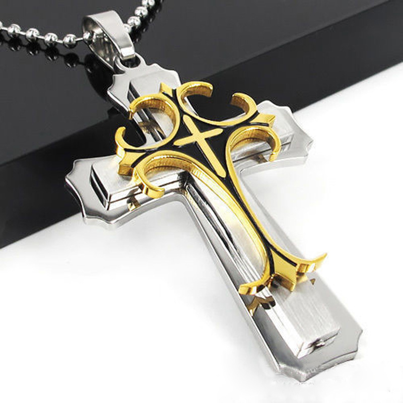 Titanium Steel Three Layers Cross Pendant Stainless Steel Men Necklace Accessories
