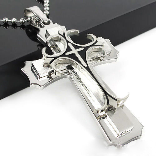 Titanium Steel Three Layers Cross Pendant Stainless Steel Men Necklace Accessories