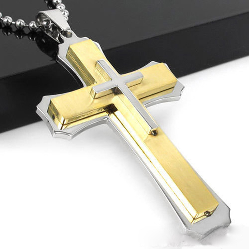 Gold Double Layer Stainless Steel Nnecklace Cross Men Necklace Fashion Pendant