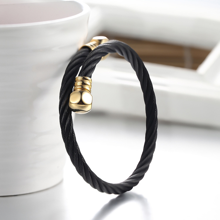 Men Fashion Wire Weave Hemp Rope Open Wristband Stainless Steel Bracelet
