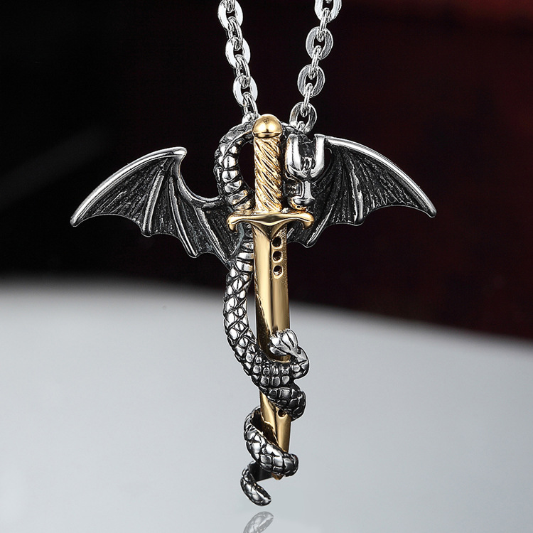 Creative Western Style Angel Sword Necklace Pterosaurs Pendant Titanium Steel Casting Accessories