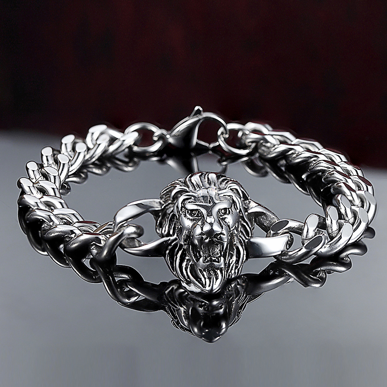 Western Style Domineering Stainless Steel Lion Head Fashion Men Titanium Steel Bracelet